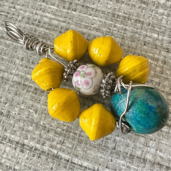Handcrafted Yellow and Blue Beaded Pendant and paper beads 1600 Y - Picture 7 of 9